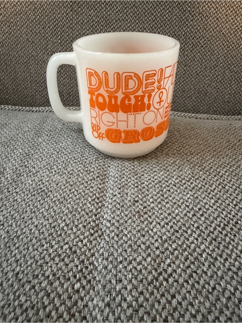 White Glasbake Ceramic Mug with Bright Orange 70s Print